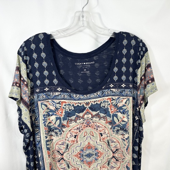 Lucky Brand Plus‎ Size 2X Top Lotus Tee Navy Blue Medallion Tee Boho Hippie 142 - Picture 3 of 9